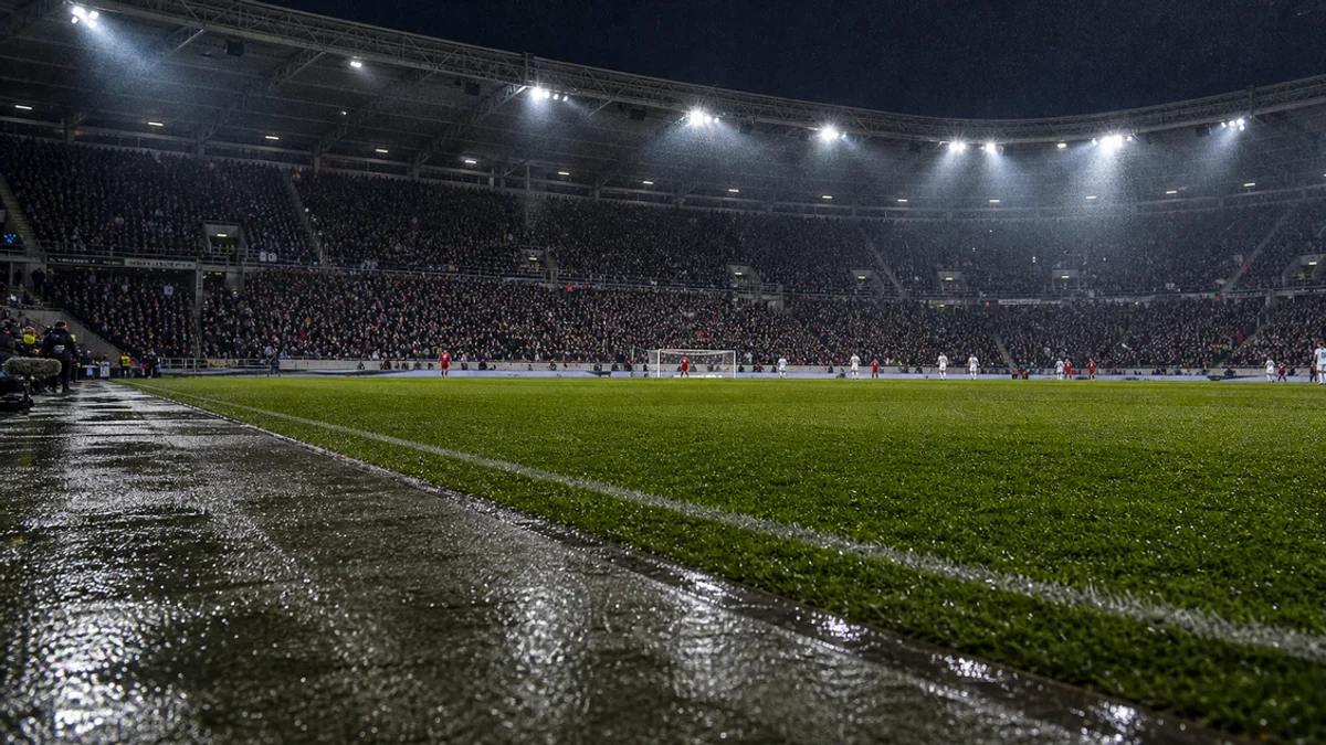 Fotballmål og planlinjer på tysk stadion